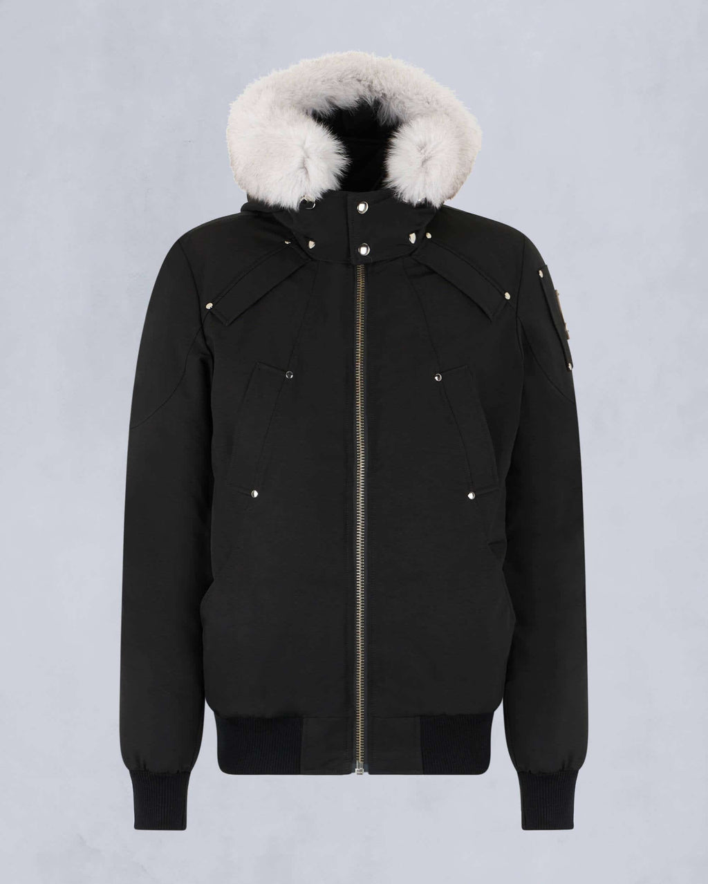 Black Hooded Bomber Jacket with White Textured Trim