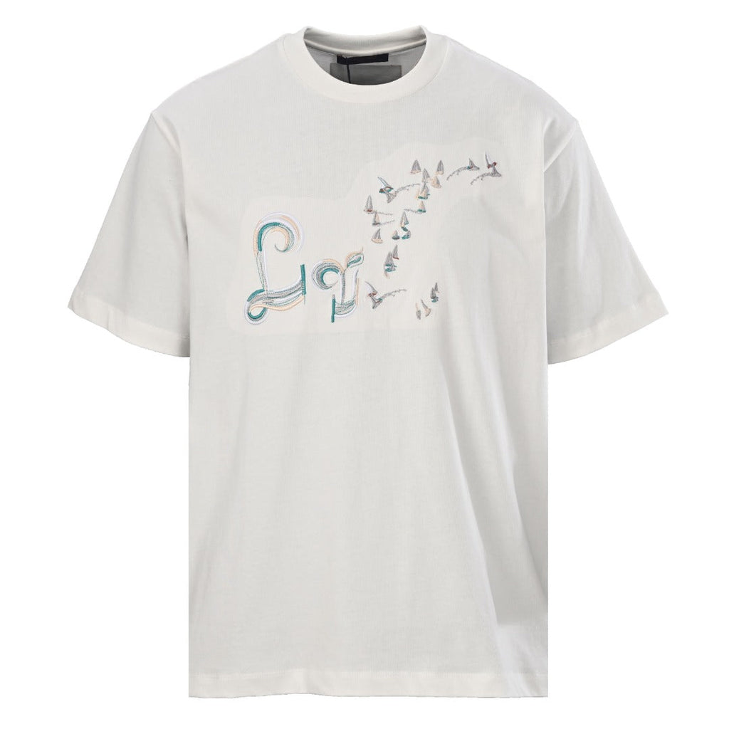 Gradient Color Line Sailboat and Bird Embroidery Short-Sleeve T-Shirt