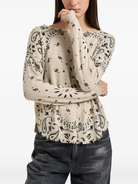 kujten bandana-print distressed-finish sweater