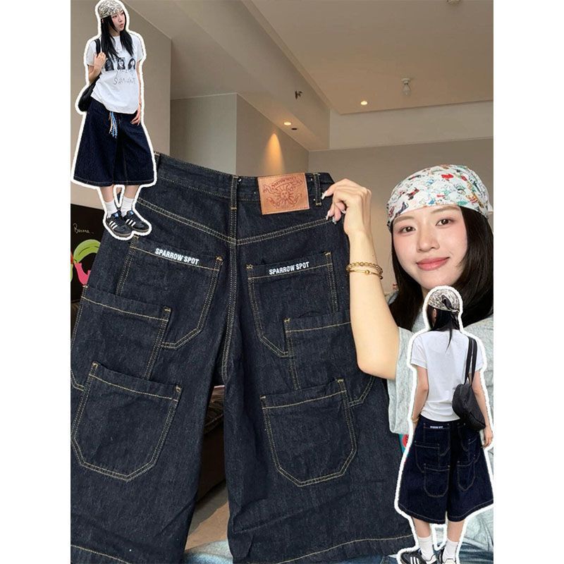 Multi-Pocket Cargo Denim Capri Pants Wide Leg Loose Straight Jorts