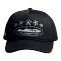 Vintage Black Trucker Hat with Silver Stars and Cruise Ship Graphic