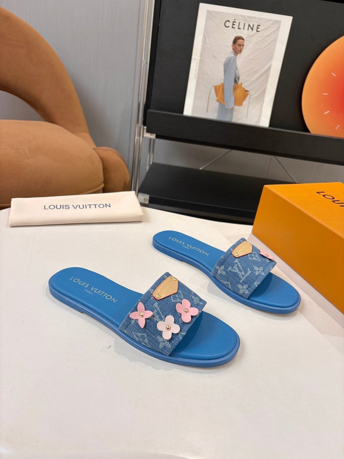Louis Vuitton Blue Floral Slide Sandals