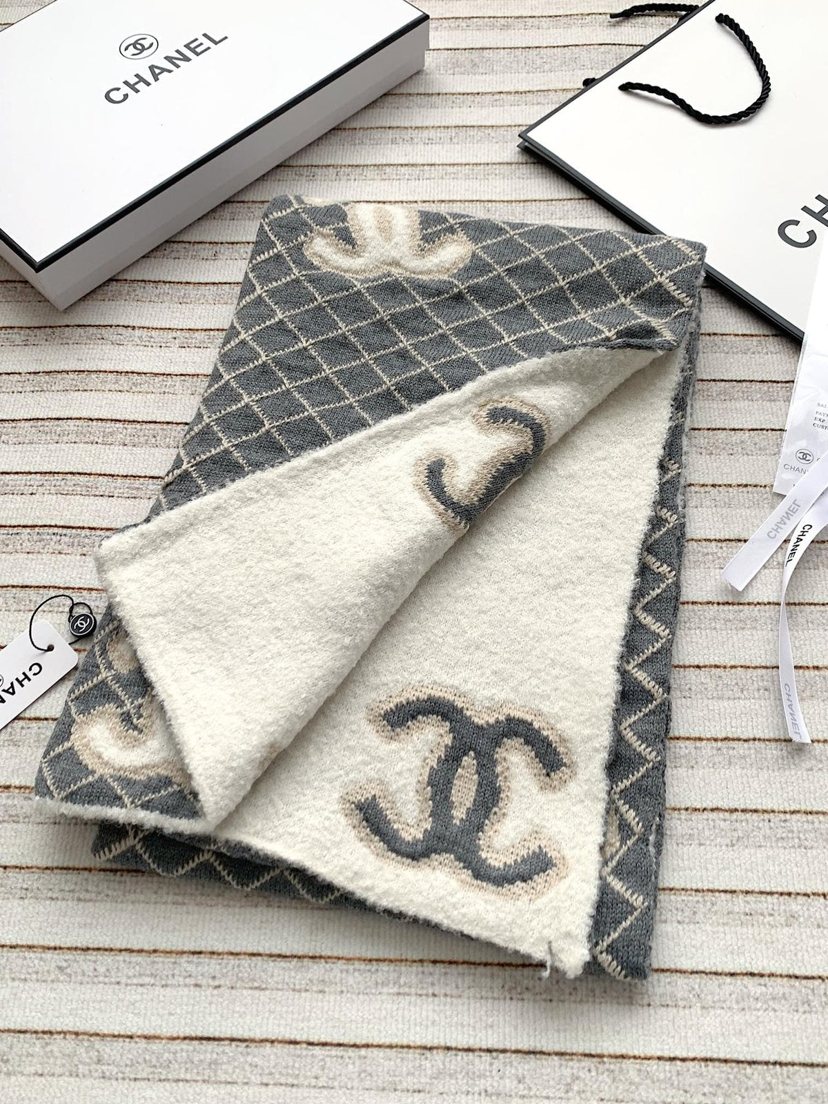Chanel Gray & Ivory Diamond-Pattern Scarf