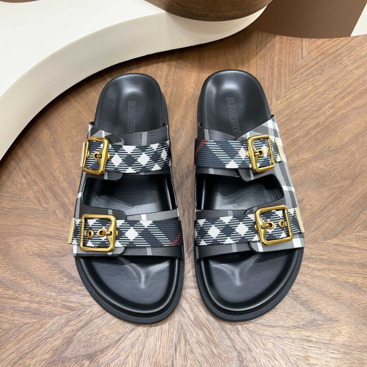 Burberry Plaid Buckle Slide Sandals - Cross Straps